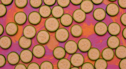 Zucchini slices on vibrant pink and orange marble background, creating a fresh and colorful food pattern.