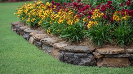 Brick and stone combination garden border enclosing a vibrant flower garden with clear definition