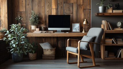 The stylish interior combines comfort and function with a computer desk placed near a wooden wall, creating an inviting work-from-home space.

