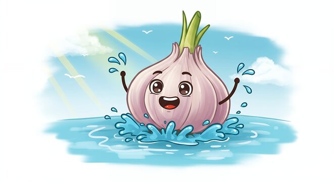 Cute cartoon garlic floats in water