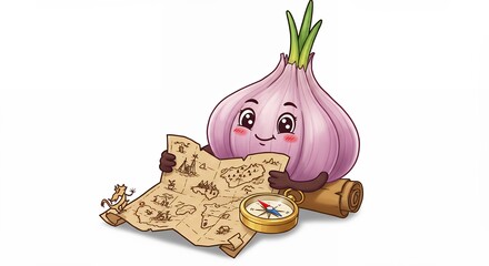 Cute garlic reading a map