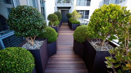Fototapeta premium Compact modern garden with container plants, sculpted shrubs, and wood-deck entry space