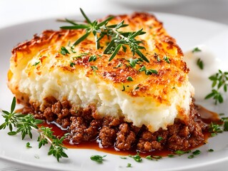 Delicious shepherds pie is presented on white plate with fresh herbs and dollop of cream topping dish.