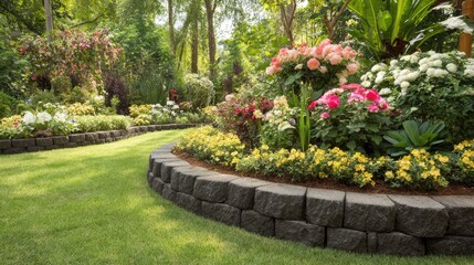 Fototapeta premium Concrete block garden edging forming clean lines around flowerbeds with layered shrubs and blooms