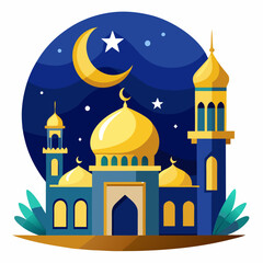 crescent moon and mosque night view
