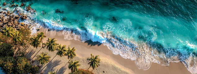 Aerial top-down view of a quiet sandy beach where gent with copy space, highlighting tranquil beach aesthetics with ample negative space, ready for commercial or digital projects