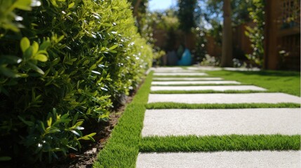 Obraz premium Contemporary garden using artificial turf strips between square pavers and sleek hedging