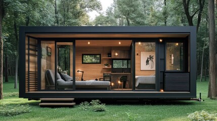 Modern tiny house nestled among towering trees in lush forest setting