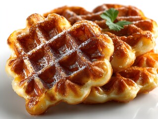 A stack of delicious golden waffles topped with powdered sugar and parsley is presented on a white plate.