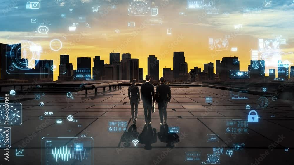 Poster Composite concept of modern society and digital technology. Digital transformation. System engineering.