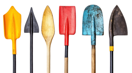 Array of Colorful Shovels for Gardening, Construction, and Outdoor Tasks Displayed on a White Background