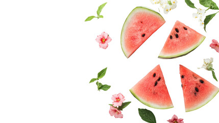 Fresh Watermelon Slices Surrounded by Green Leaves and Colorful Flowers for Summer Refreshment