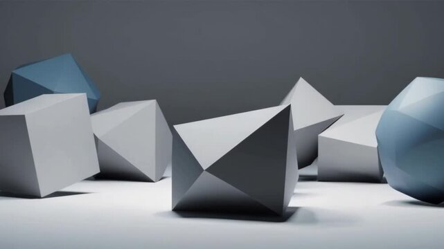 Geometric shapes in a minimalist setting. A blue sphere and several white polyhedral forms are arranged on a smooth surface with a neutral background.