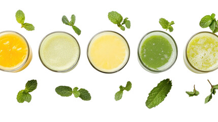 Colorful Array of Fresh Juices with Mint Leaves on a Transparent Background for Healthy Lifestyle Representation
