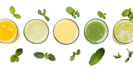 Colorful Array of Fresh Juices with Mint Leaves on a Transparent Background for Healthy Lifestyle Representation