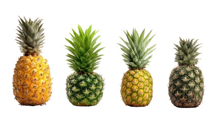 Four Pineapples Displaying Different Ripeness Stages on a Dark Background
