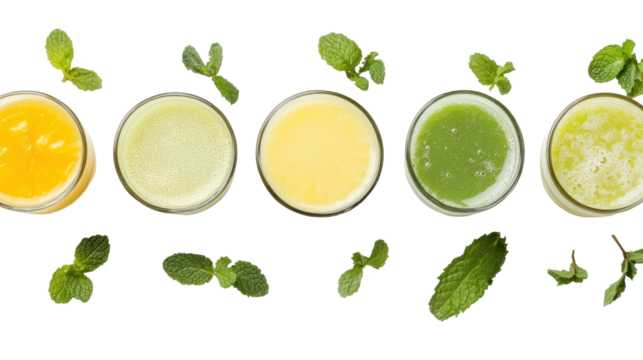 Colorful Array of Fresh Juices with Mint Leaves on a Transparent Background for Healthy Lifestyle Representation