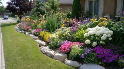 Curved garden bed with colorful flowers and stone edging accentuating a front yard lawn