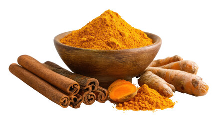 Turmeric Powder and Cinnamon Sticks on Wooden Bowl Surrounded by Fresh Ginger and Spices for Health and Wellness Recipes