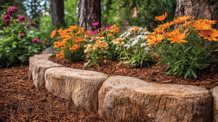 Curved stone edging around a circular flowerbed with blooming annuals and a layer of wood chips