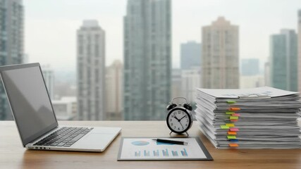 Time management efficiency: Desk setup with laptop, documents, clock and cityscape view - Powered by Adobe