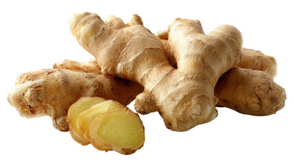 Fresh Raw Ginger Roots and Slices on a White Background for Culinary and Health Applications