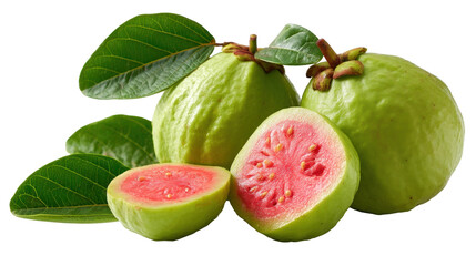 Fresh Green Guava Fruit with Pink Flesh and Green Leaves on a White Background, Isolated and Ready for Culinary Use