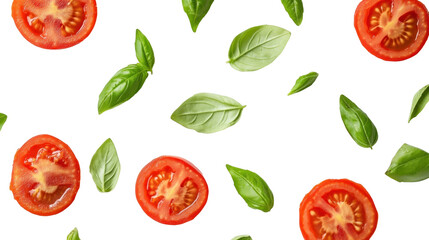 Fresh Tomato Slices and Basil Leaves on Black Background for Culinary and Food Design Projects