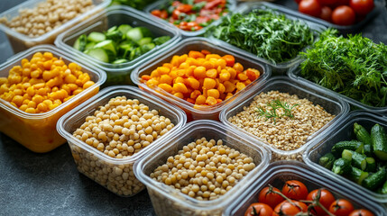 Plastic food containers neatly filled with vegetables and grains. Symbol of organized, healthy eating and efficient meal prep. Balanced nutrition, clean eating. Caption space on the side.

