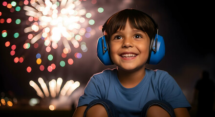 Happy boy watching fireworks wearing ear protection headphones celebration
