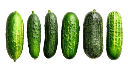 Fresh Cucumbers Arranged in a Row, Showcasing Different Shapes and Sizes on a White Background