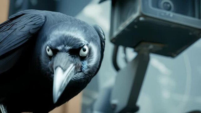 Close-up of a raven perched on a security camera, detailed feathers, and intense gaze, with a surreal and slightly ominous atmosphere