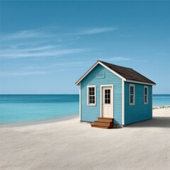 Beach house on sandy shore with turquoise ocean view for vacation rentals and real estate marketing