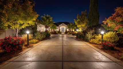 Obraz premium Driveway flanked by flower beds and decorative lights leading to a landscaped front yard