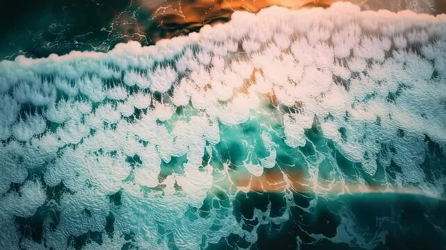 Aerial view of ocean waves with turquoise water and golden light
