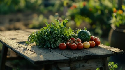 Freshly harvested vegetables on a rustic wooden table in a sunlit garden
