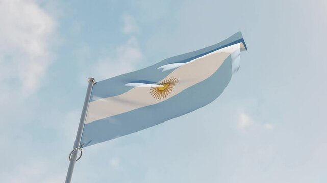 Argentina flag fluttering waving against clear blue sky. Vibrant colors. Emblem symbolizes national identity, culture and patriotism