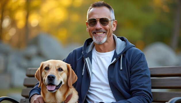 Blind man smiling with guide dog on park bench celebrating independence and disability pride