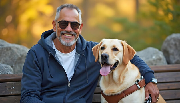 Blind man smiling with guide dog on park bench celebrating independence and disability pride