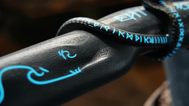 Detailed Sculpture of Avatar Aang Staff with Snake and Glowing Markings Close Up