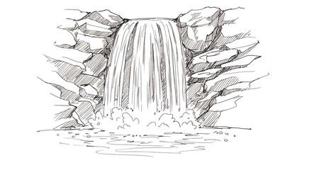 Detailed waterfall sketch in grayscale