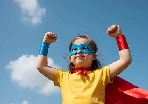 Girl with Down syndrome dressed as superhero flexing arms showing strength pride and disability empowerment
