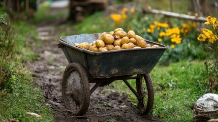 Rustic wheelbarrow laden with freshly harvested potatoes in a rural scene
