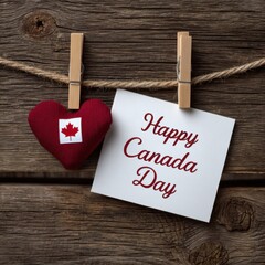 Happy canada day card and heart pinned on a rope against wooden background. use cases: holiday greeting, decoration, celebration.