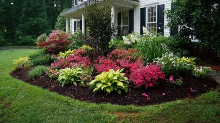 Obraz premium Front yard planting design with layered flower beds, bold foliage, and textured mulch base
