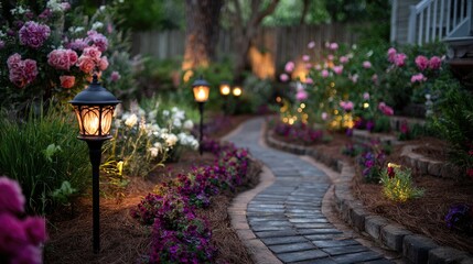 Garden pathway lit with vintage-style solar lanterns and bordered by blooming annuals and decorative edging