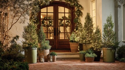 Fototapeta premium Holiday-themed front yard with string lights, pine garlands, and decorated evergreen pots near the door