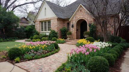 Obraz premium Lush front yard with vibrant tulips, neatly edged lawn, and decorative shrubs framing a charming brick house entrance