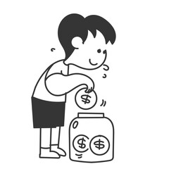 kid insert and keep coins in a jar in doodle cartoon style