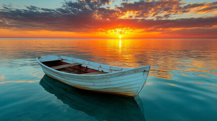Minimalist scene of a single white boat floating on calm water at dawn. Soft pastel sky reflects on the still surface. Peaceful solitude, early morning light, caption space on the side.

